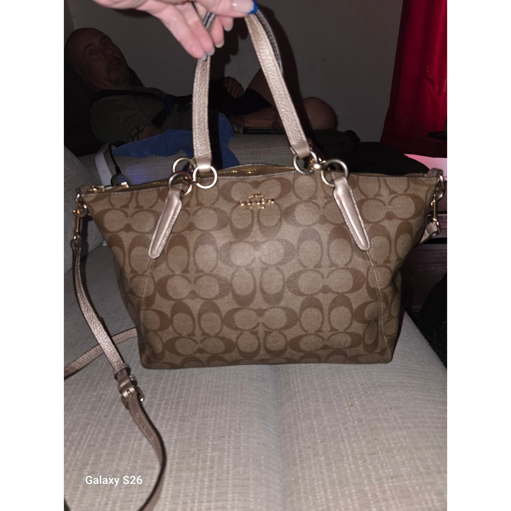 68. Coach Kelsey Satchel Signature Canvas Khaki Gold Metallic F39590 Crossbody